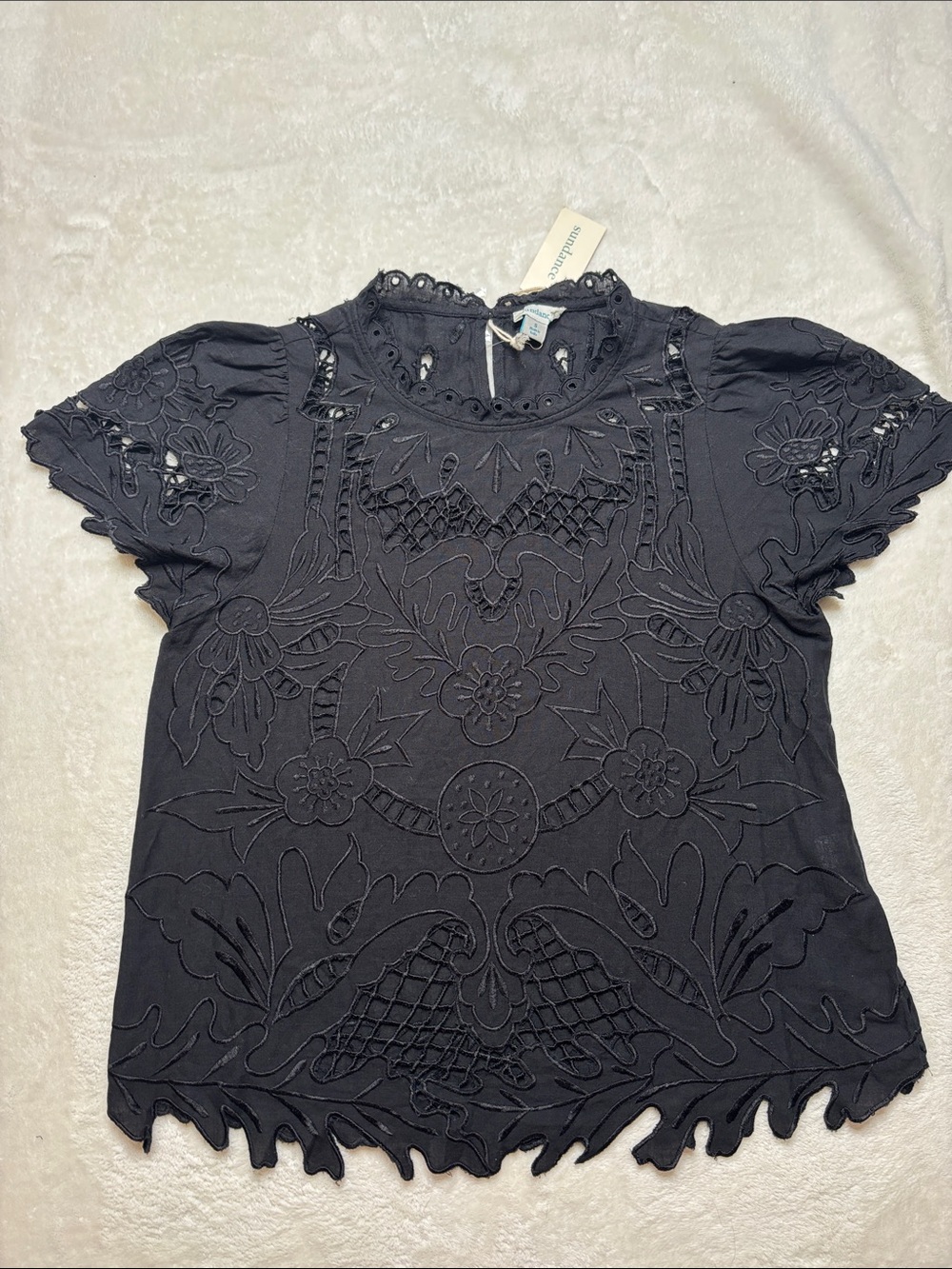Sundance Embroidered Short Sleeve Top - Black Size S